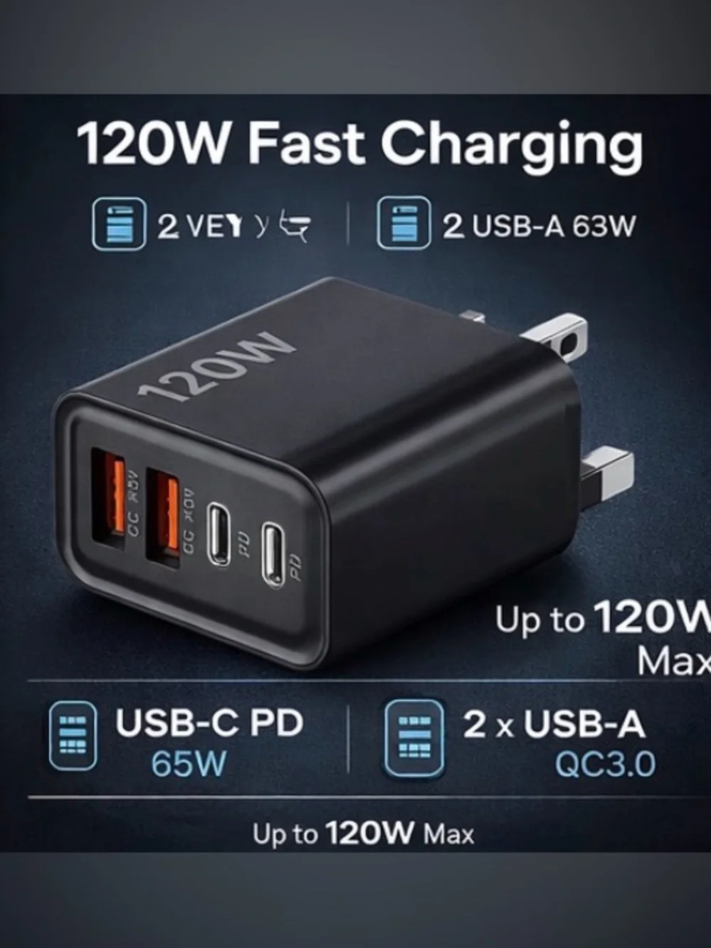 120W 4-Port Fast Charger USB-C & USB Wall Adapter (Black)